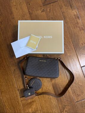 Michael Kors Brown Logo Crossbody with Round Coin Pouch & Card Case
